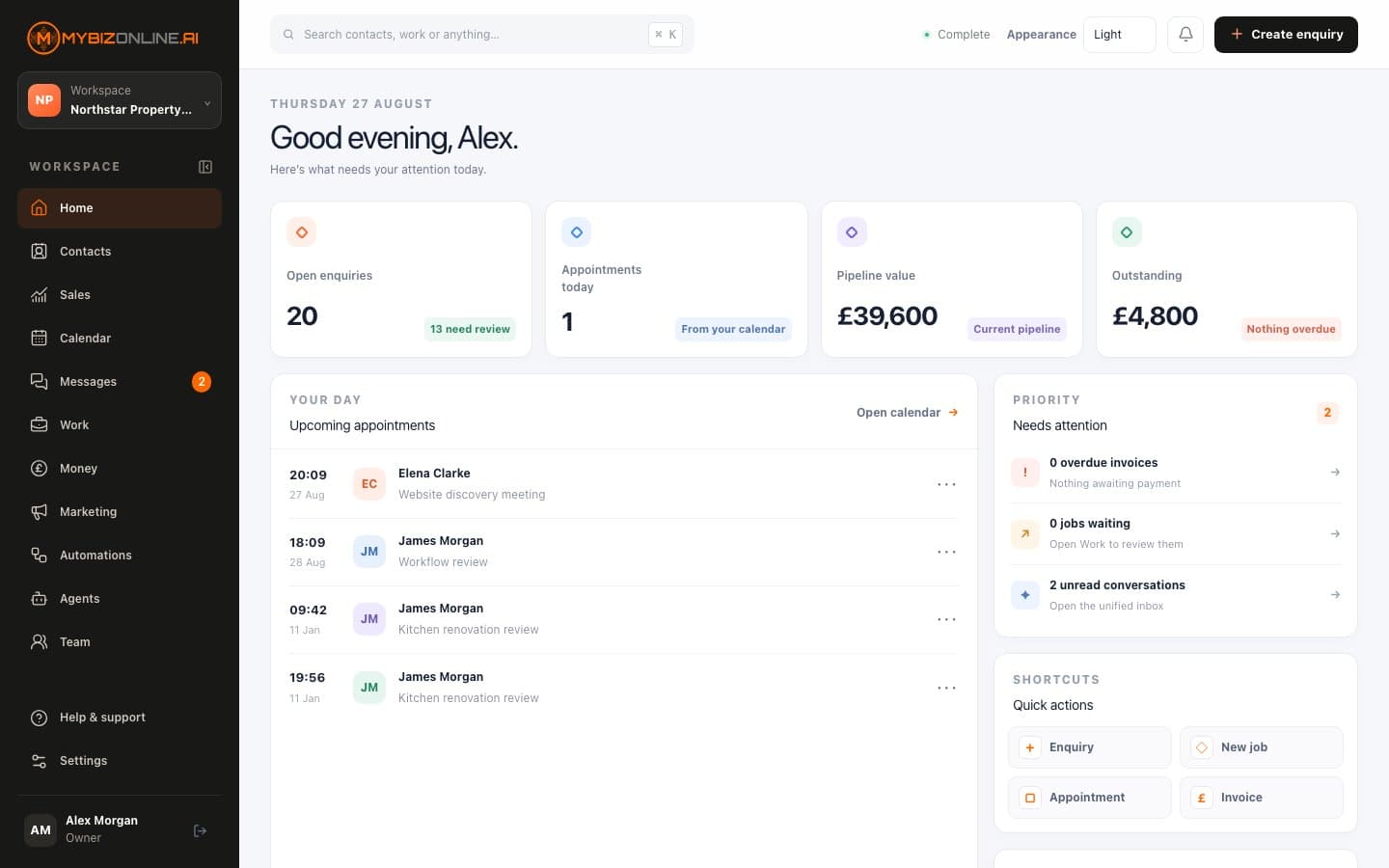 MyBizOnline OS home overview showing enquiries, appointments, pipeline value and outstanding invoices.