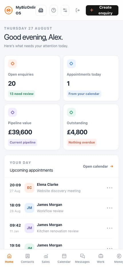MyBizOnline OS mobile home showing the same daily priorities on a phone.