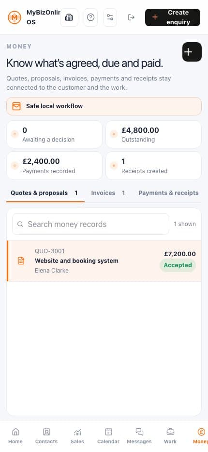 MyBizOnline OS mobile money view showing fictional quotes, invoices and payment records.