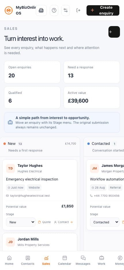 MyBizOnline OS mobile sales view showing fictional opportunities and next actions.
