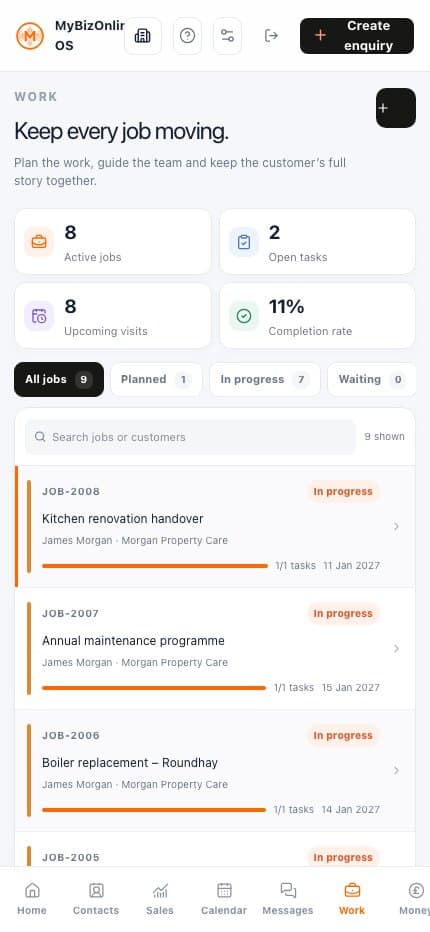 MyBizOnline OS mobile work view showing fictional jobs and delivery progress.