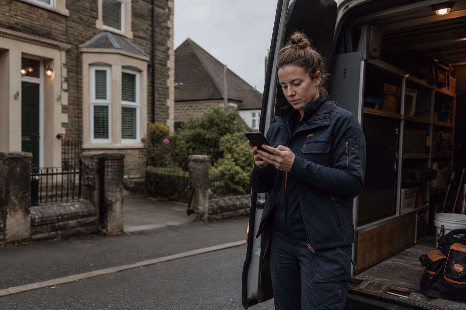 A field service professional preparing a quote on a phone beside their work vehicle.